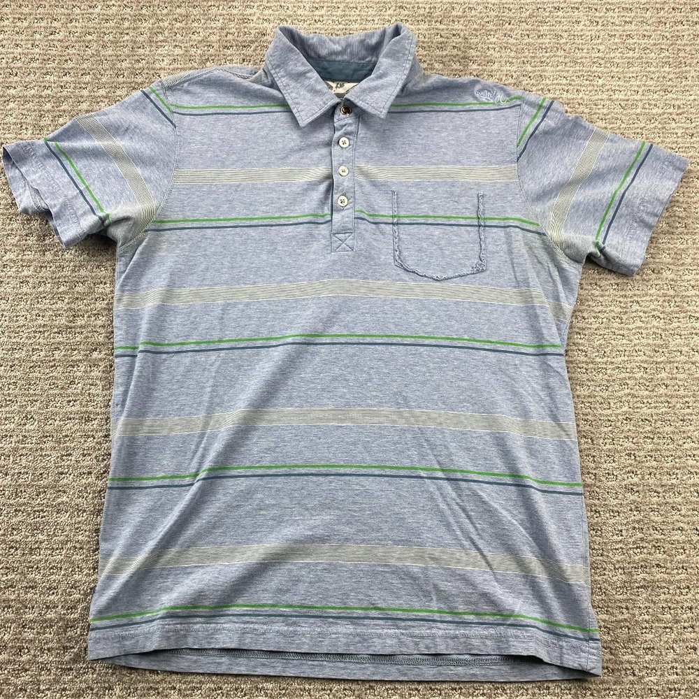 QUIKSILVER Polo Shirt Men Small S Blue White Green Striped - POCKET CUT OFF